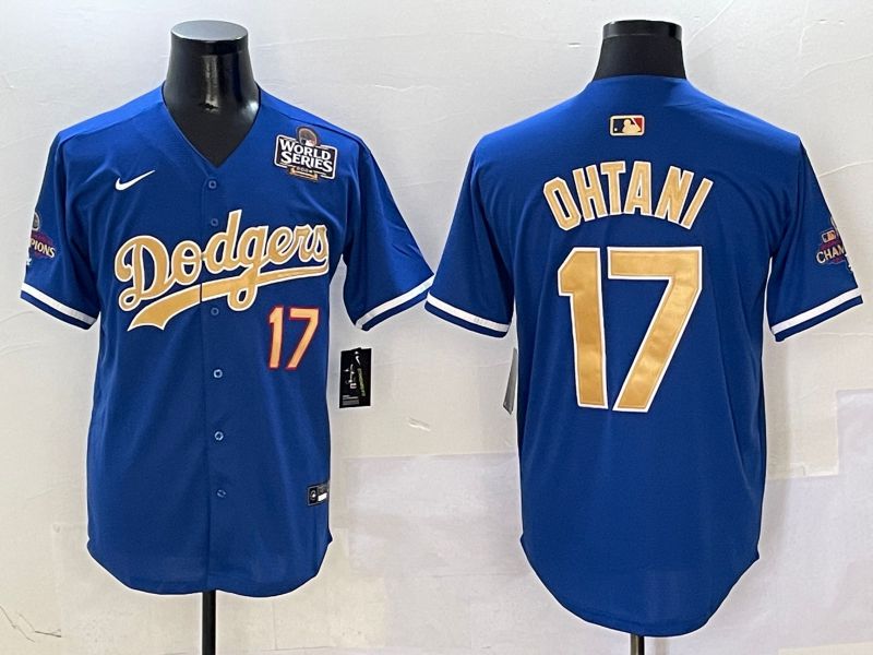 Men Los Angeles Dodgers 17 Ohtani Blue Champion gold character 2025 Nike MLB Jersey style 4091